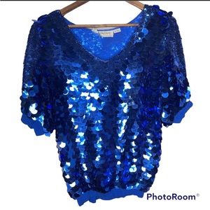 Vintage Oleg Cassini silk and sequin beaded royal cobalt blue top M